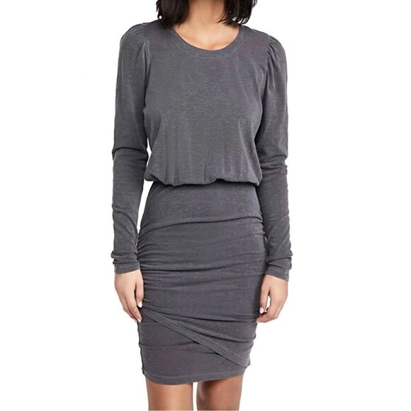 Sundry Anthropologie Charcoal Gray Long Puff‎ Sleeve Shirred Ruched Mini Dress L - Picture 1 of 10